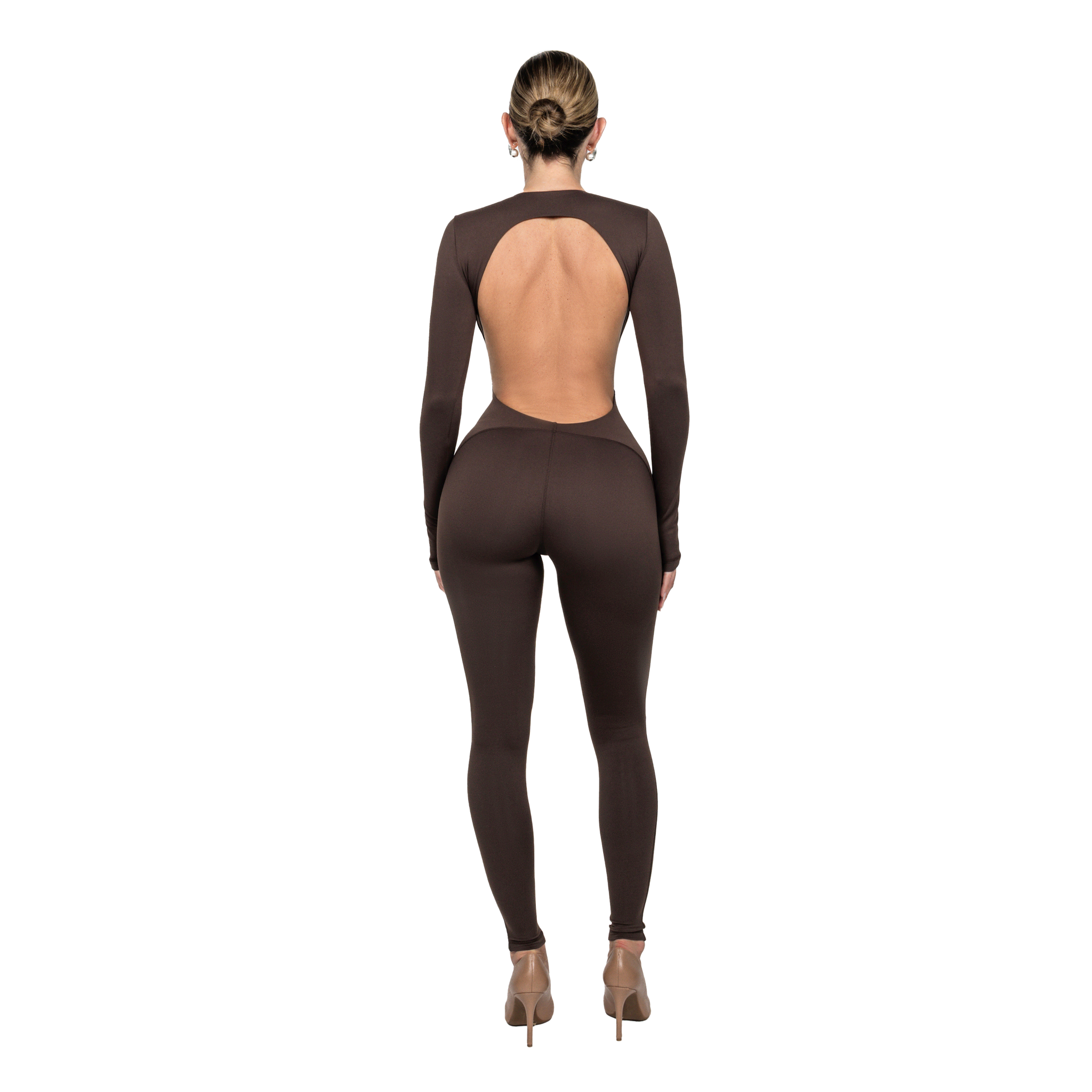 Backless Long Sleeve Jumpsuit Chocolate – Davis Active