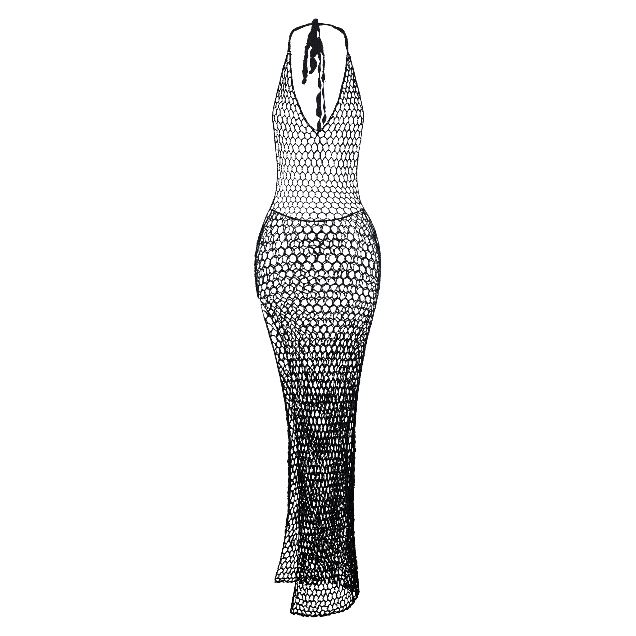 Crochet Halter Slit Dress Black