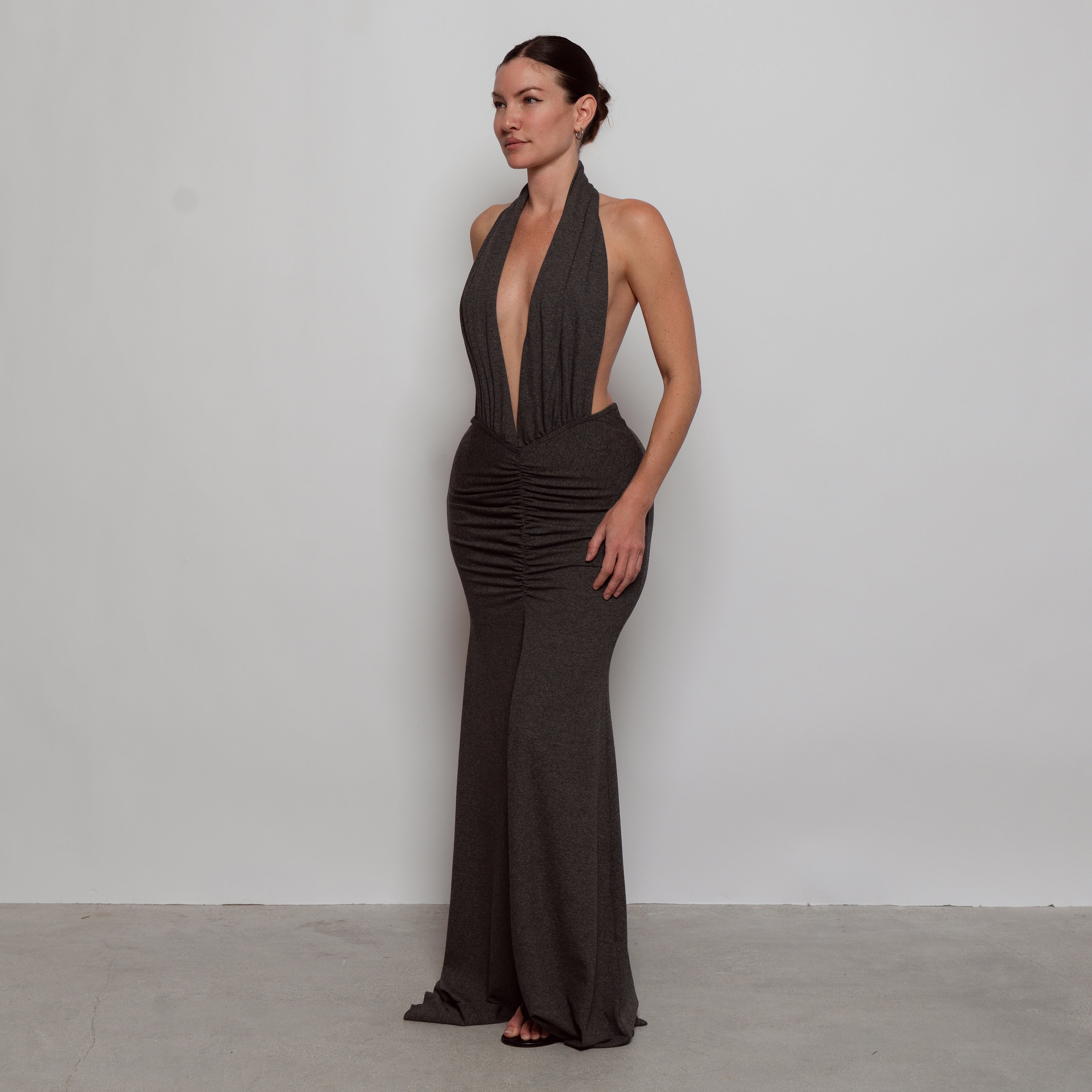 Drape Ruched Halter Maxi Dress Charcoal Davis Active Drape Ruched Halter Maxi Dress Charcoal Davis Active