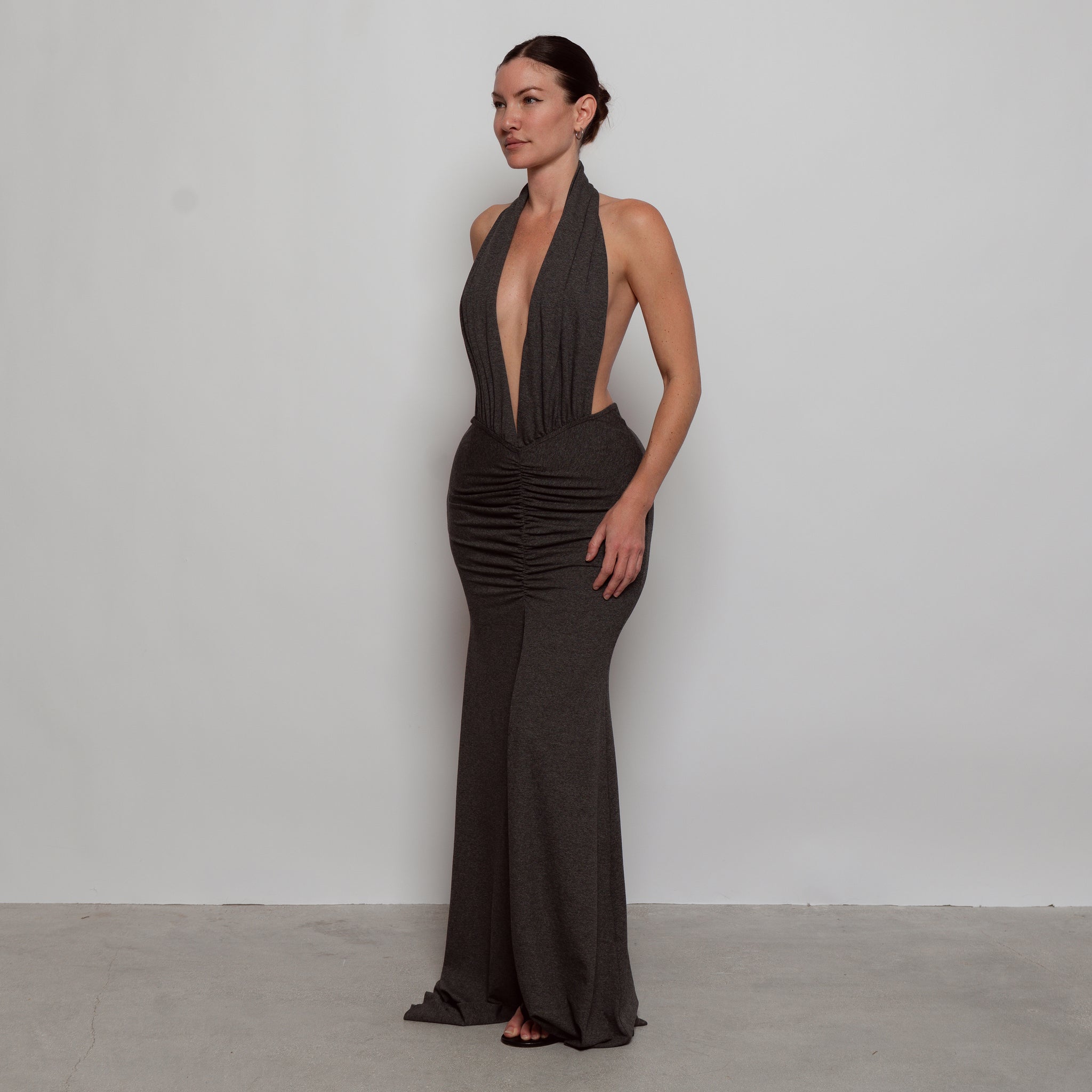 Drape Ruched Halter Maxi Dress Charcoal  Davis Active