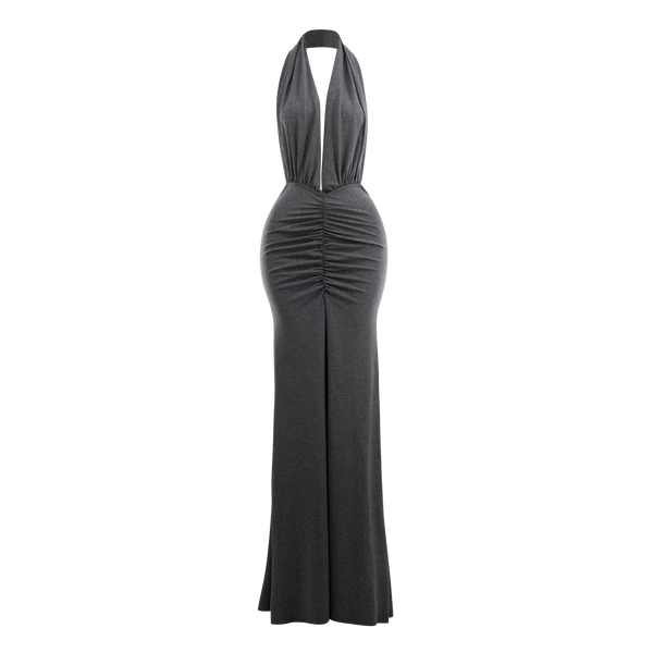 grecian draped halter maxi dress Drape Ruched Charcoal M/L Light Pink Print