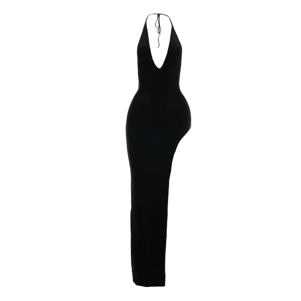 blue dress for baby girl Black Slinky Gather Thigh Split Halterneck Maxi Dress – Fashion By Maya main image 1