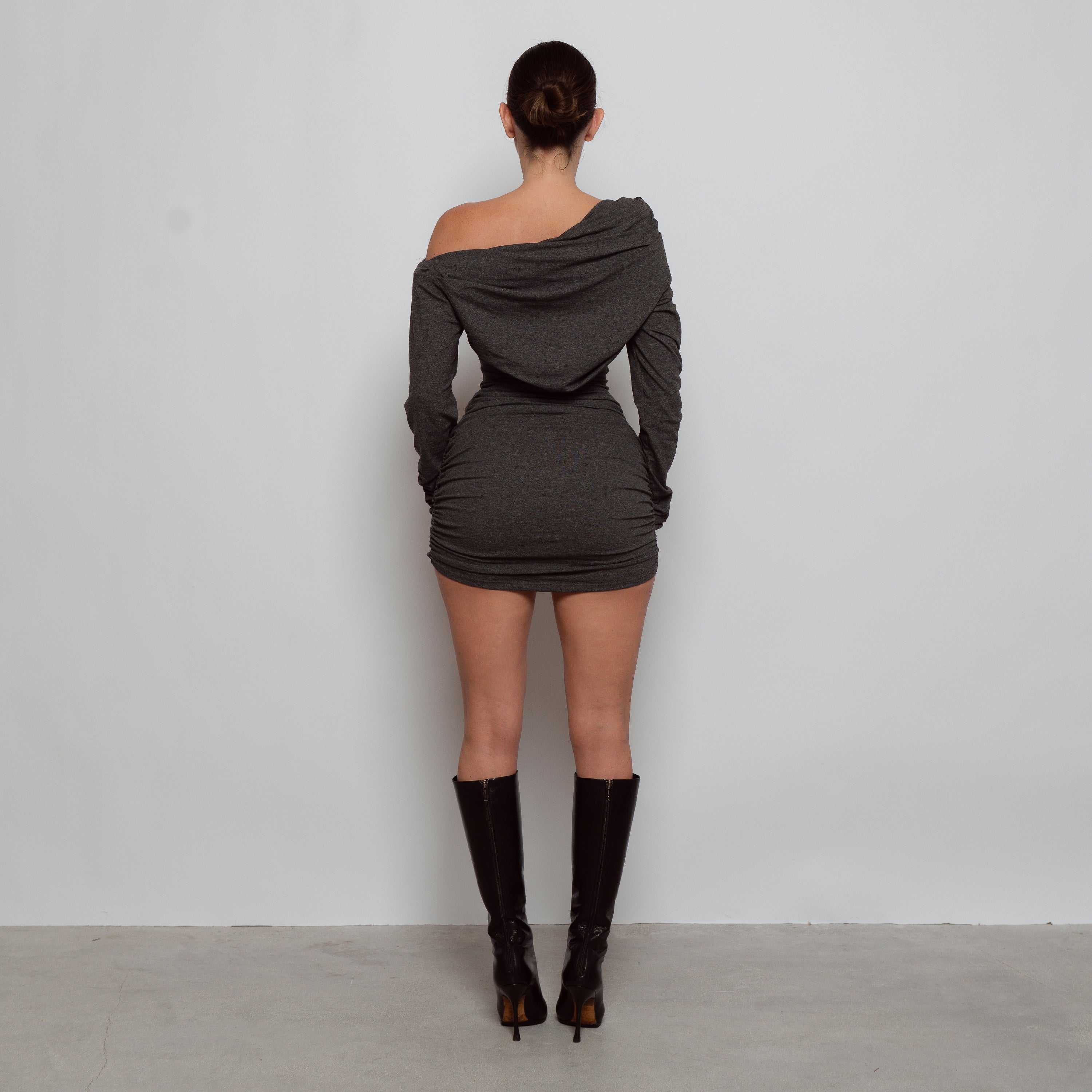 Drape Long Sleeve Mini Dress Charcoal – Davis Active