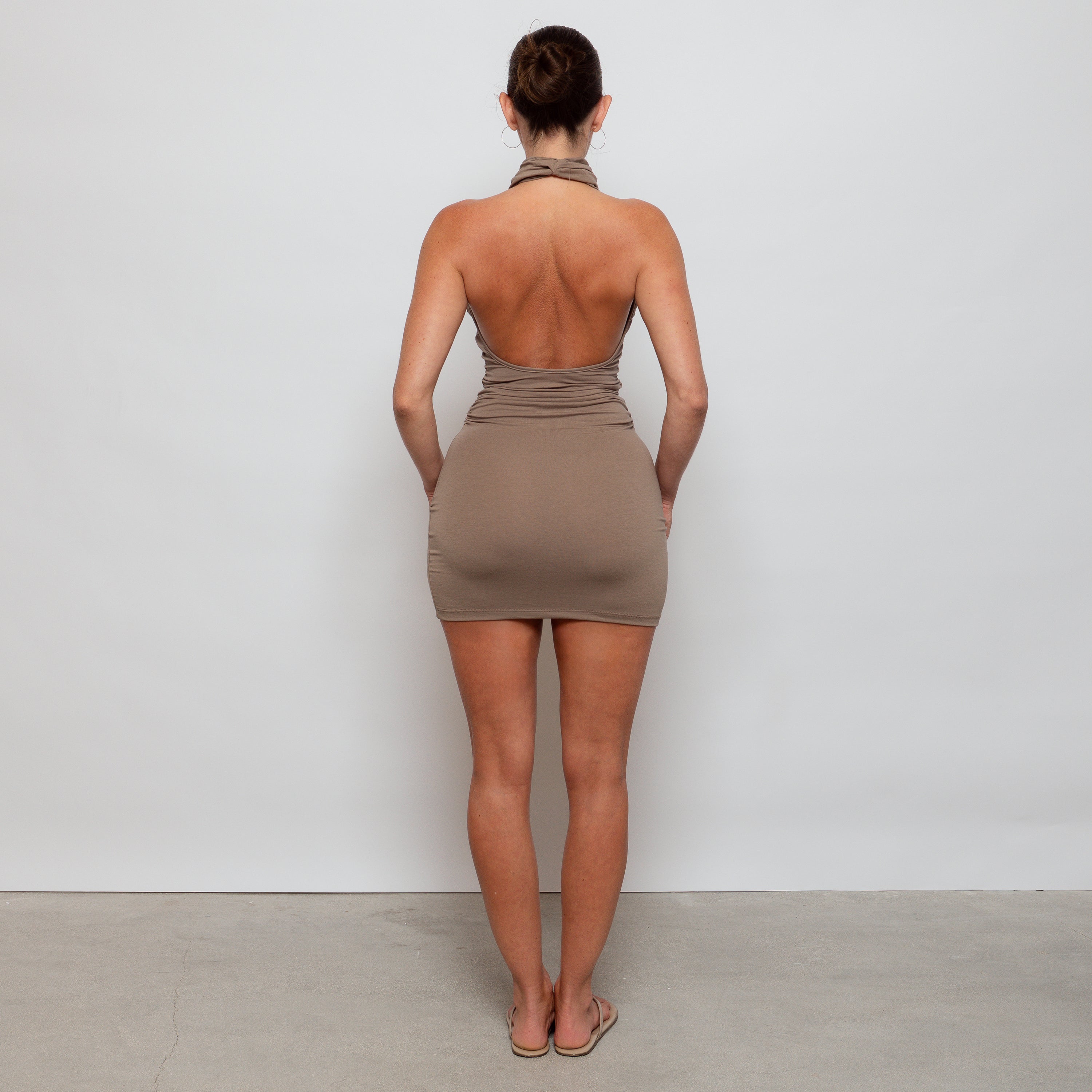 khaki high neck cowl backless bodycon dress Women's Khaki High Neck Cowl Backless Bodycon Dress